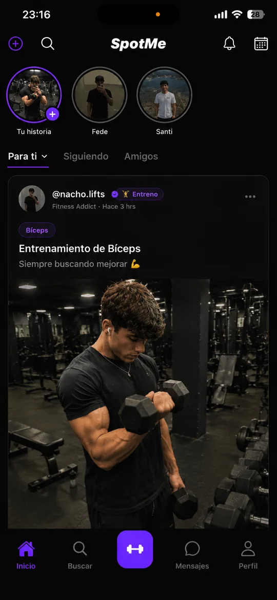 SpotMe — Feed de entrenamientos